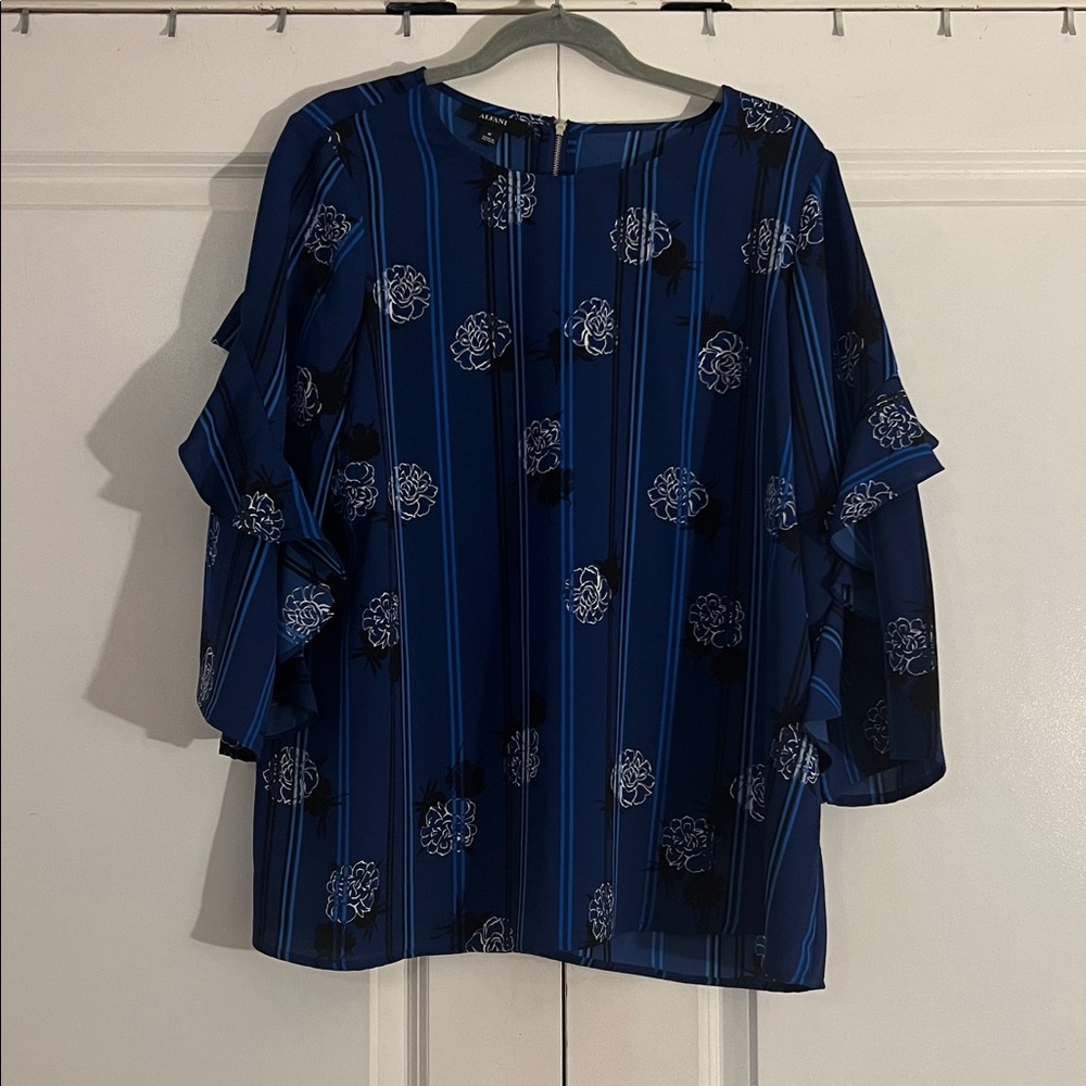 Blue Floral Blouse with Ruffle Sleeves